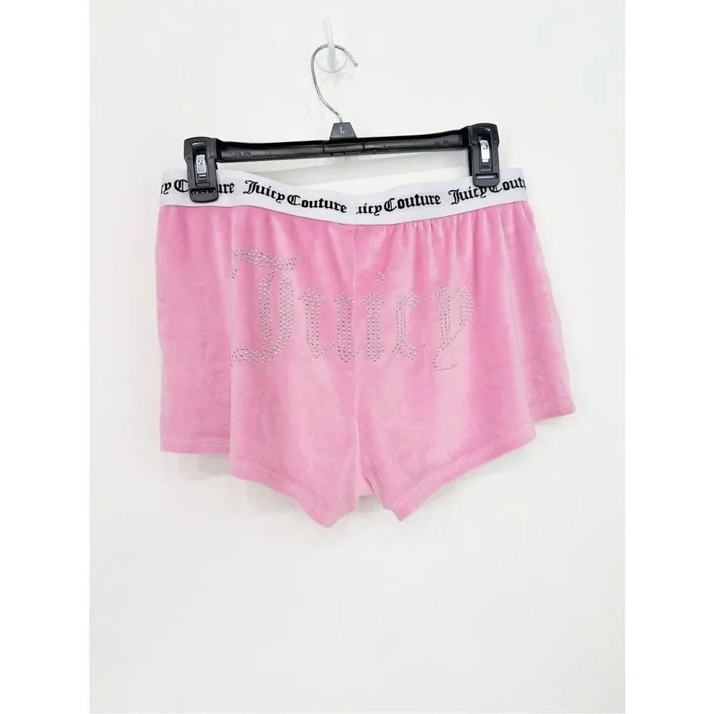 Juicy Couture Pink Velour Silver Sparkle Spellout Rear Elastic Waist Shorts